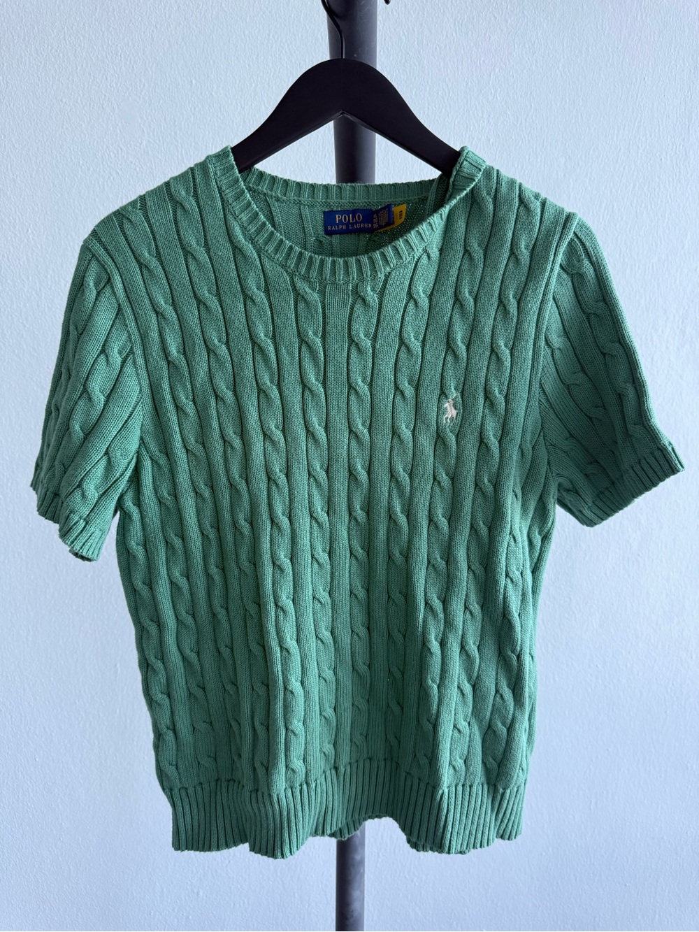 Polo Ralph Lauren Cable Knit Short Sleeve Sweater Women XL Green Pony